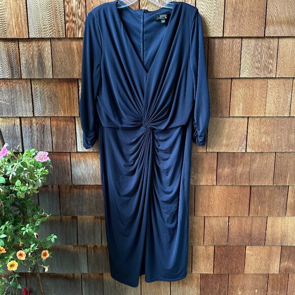 EUC Tadashi Collection Navy Blue V-Neck Twist Midi Dress in Women's 1X - Picture 2 of 10